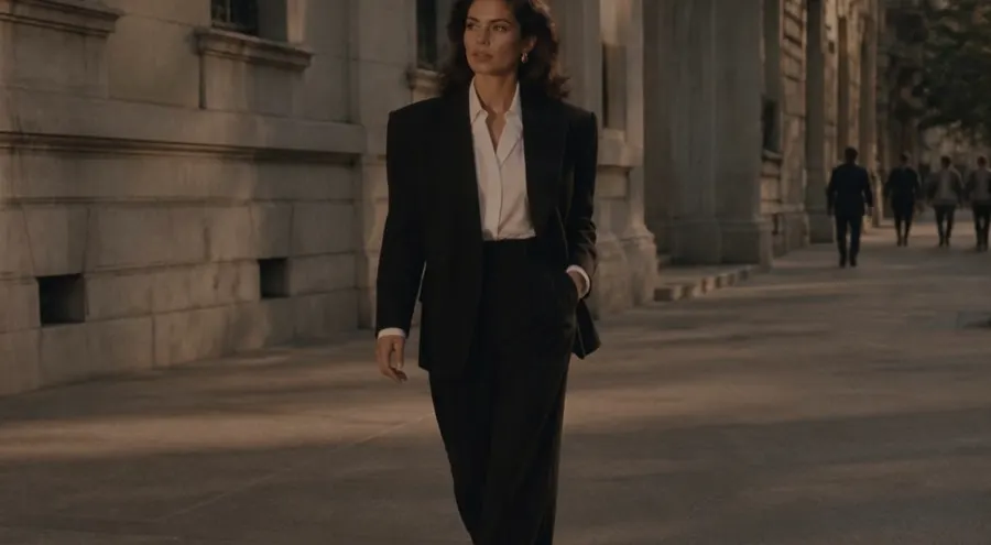 Woman in a black suit walking down a city street