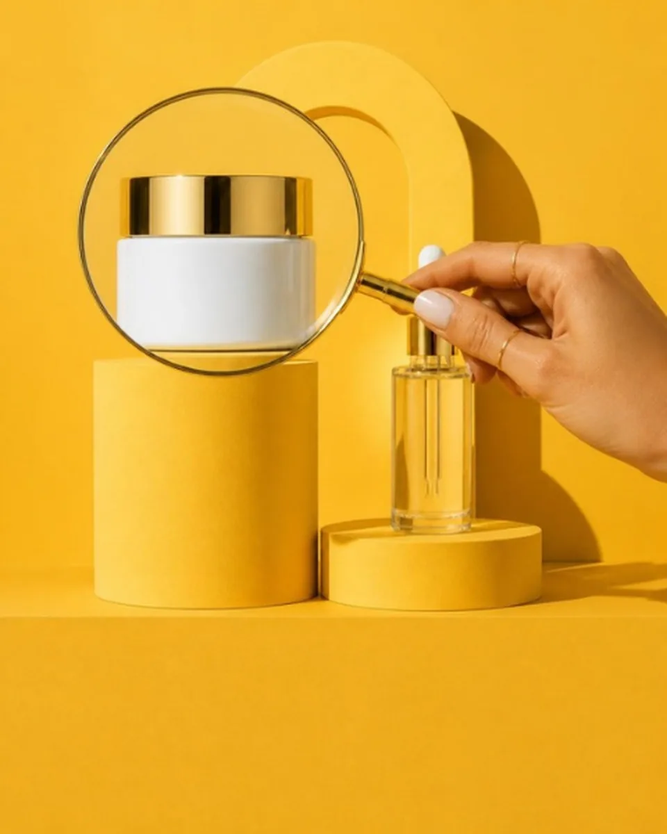 A hand holding a magnifying glass over a jar of cream with a gold lid, beside a serum bottle, on golden yellow