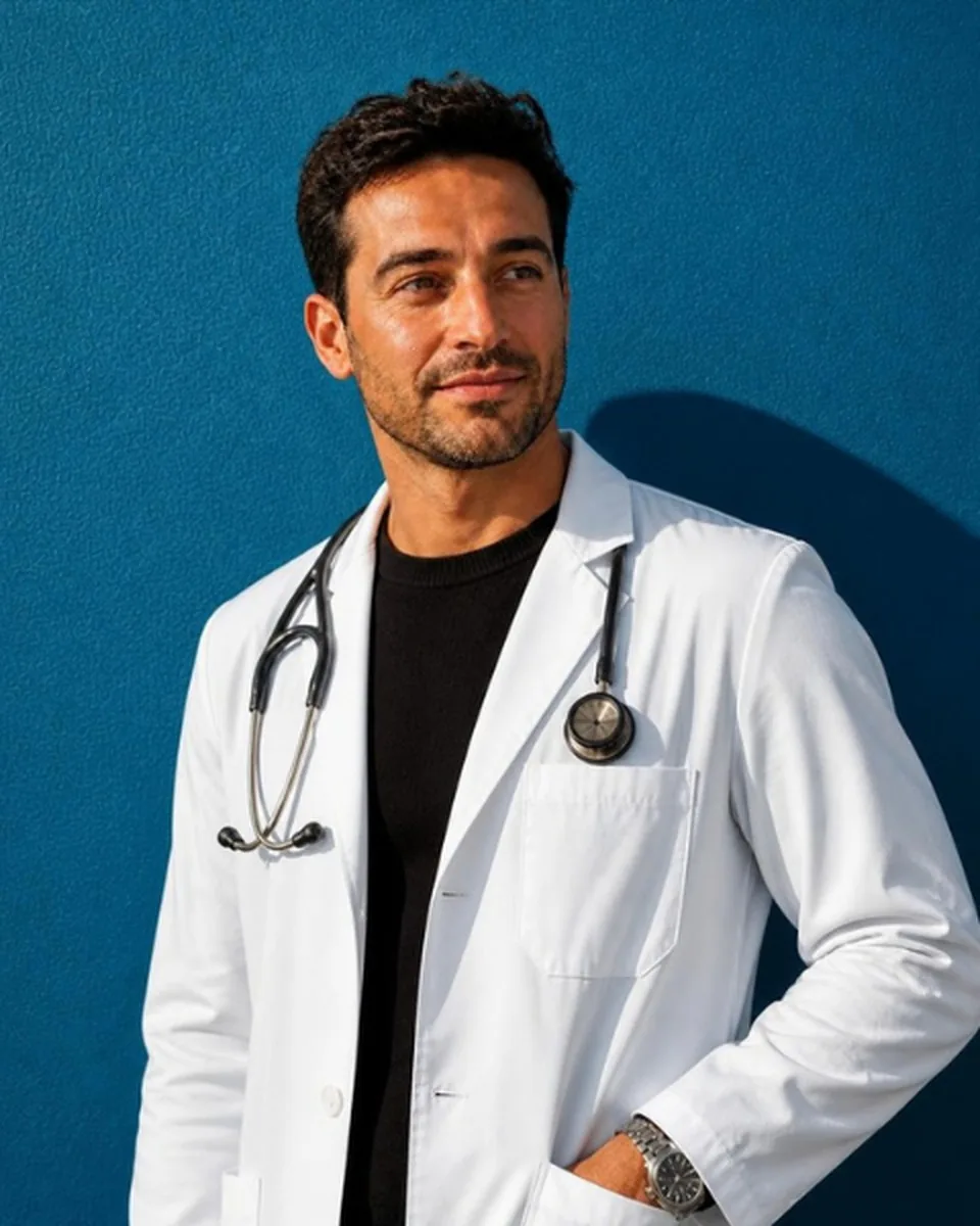 A clinician in a white coat over a black knit with a stethoscope, looking off to one side, against a teal wall