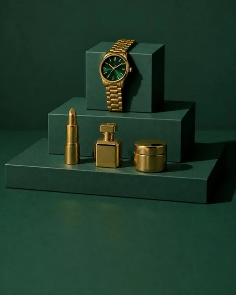 A gold watch with a green dial on the top step of a forest green podium, with a gold lipstick, a perfume bottle and a jar lined up on the step below