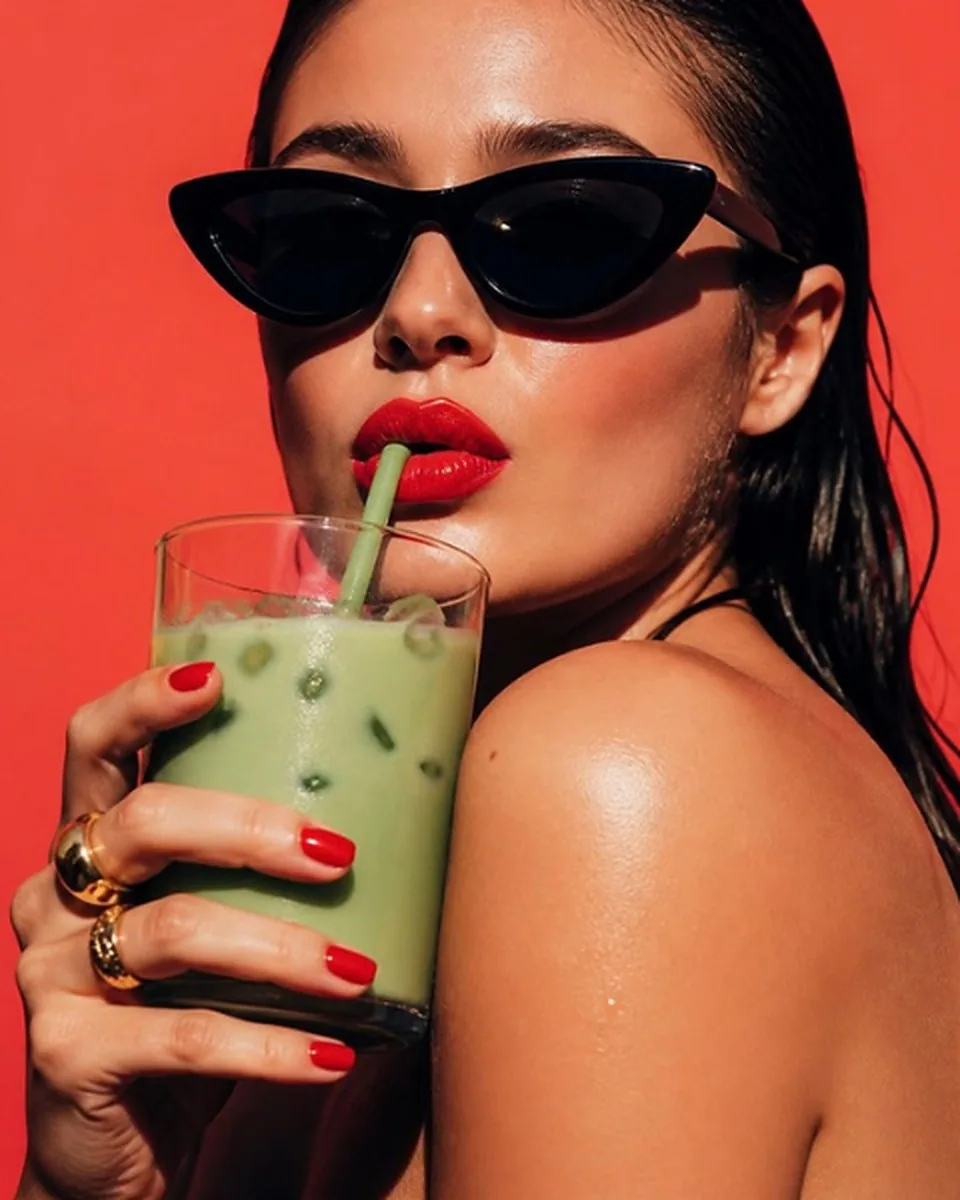 Model in black sunglasses and red lipstick sipping an iced matcha against a coral wall