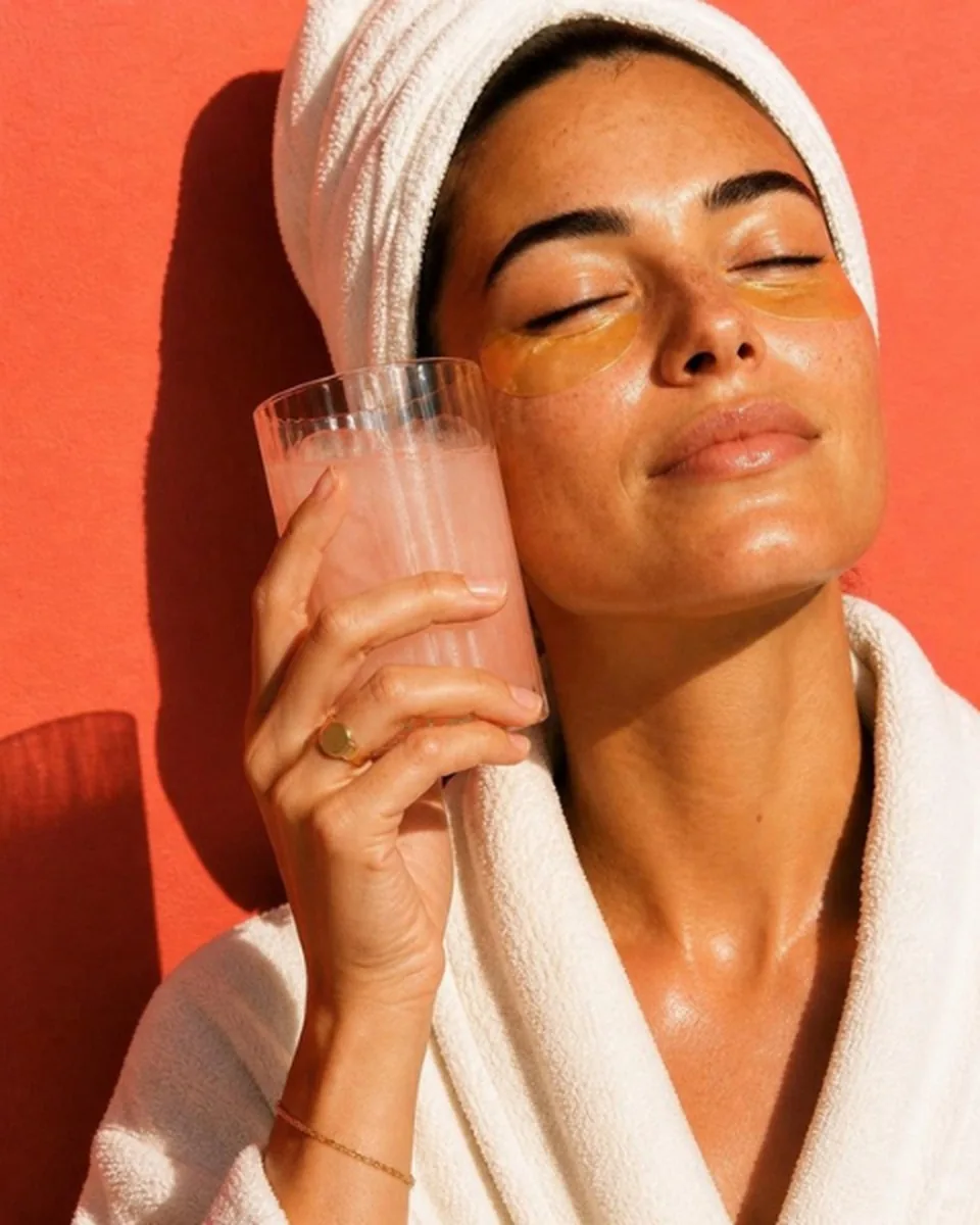 A woman in a robe and hair towel with gold under eye patches, eyes closed in the sun, holding a pink collagen drink to her cheek, on coral
